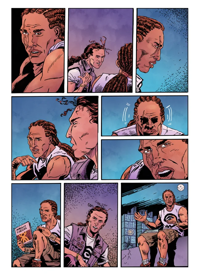 Personagens discutem em sequência de quadros com expressões tensas em ambiente urbano