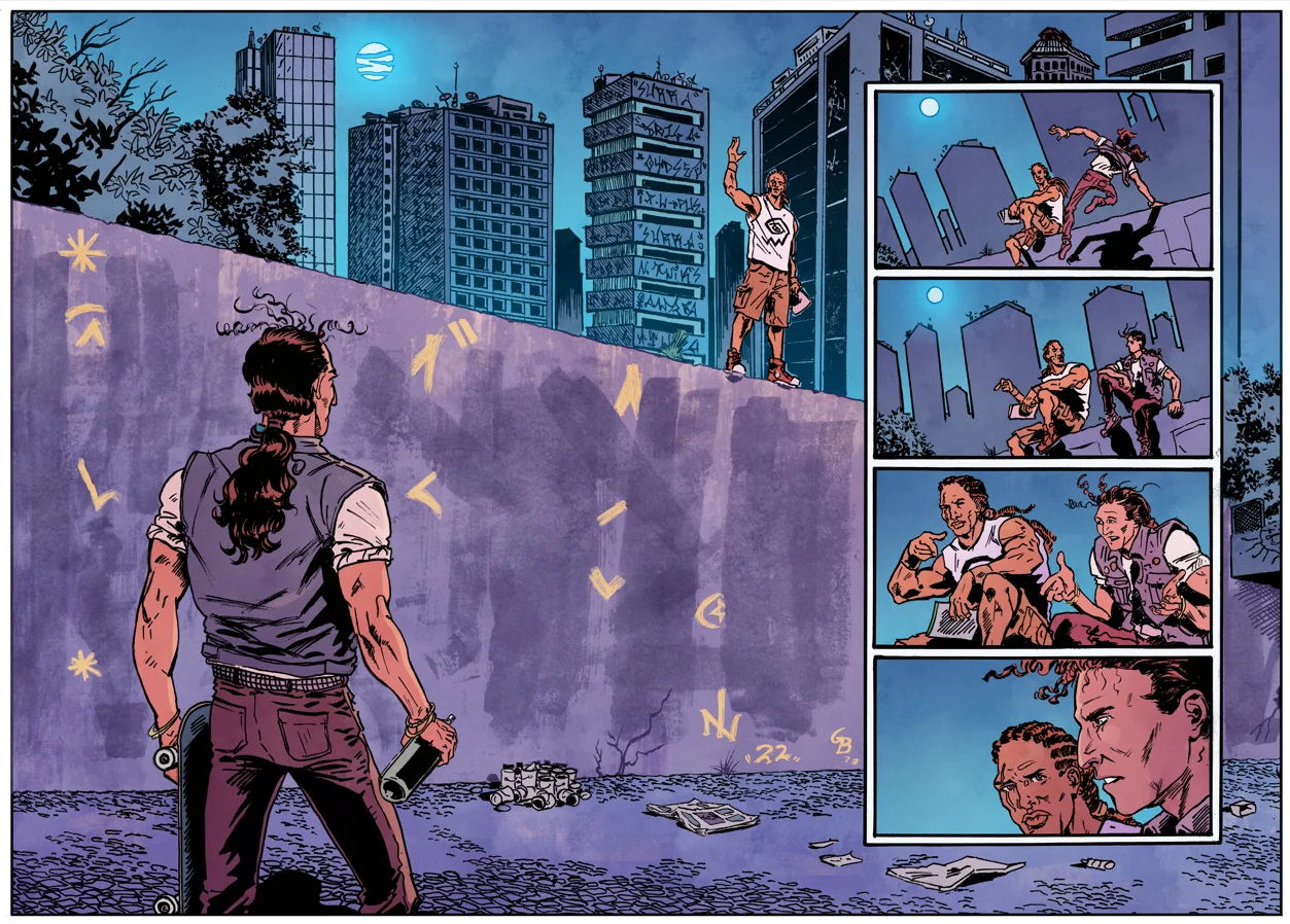 Personagem com skate encara outro em muro com pixo em São Paulo pós-apocalíptica sem eletricidade