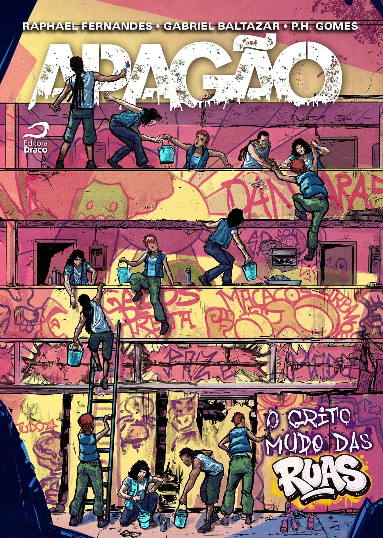 Capa da HQ Apagão O Grito Mudo das Ruas com personagens pintando pixo em prédio abandonado em São Paulo pós-apocalíptica