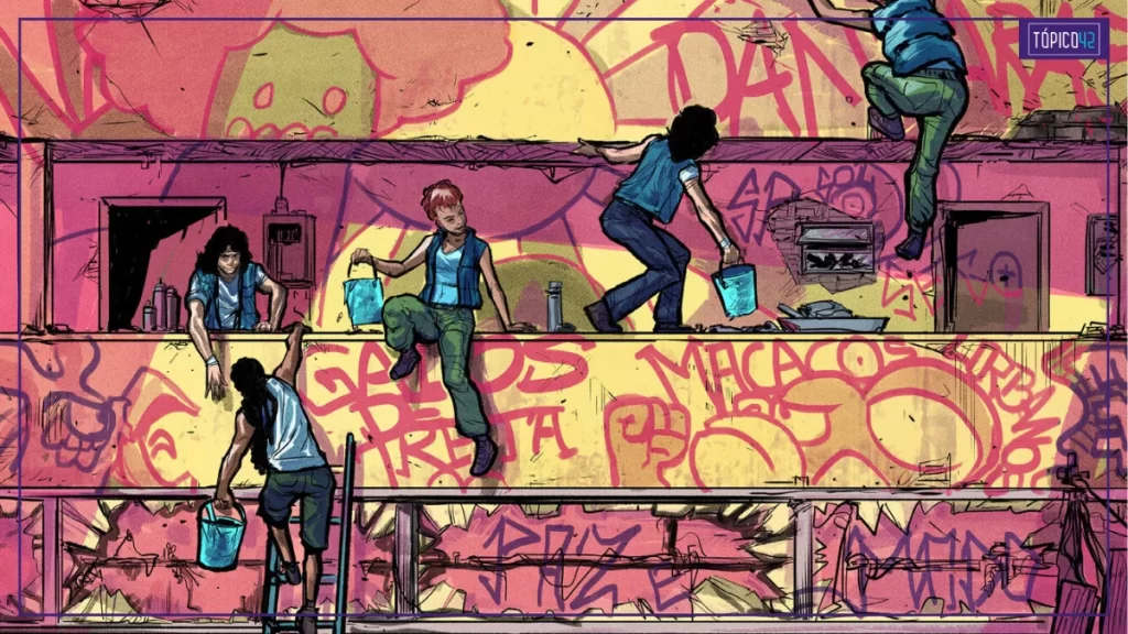 Ilustração de gangue pintando pixo em prédio abandonado em São Paulo pós-apocalíptica sem eletricidade na HQ Apagão