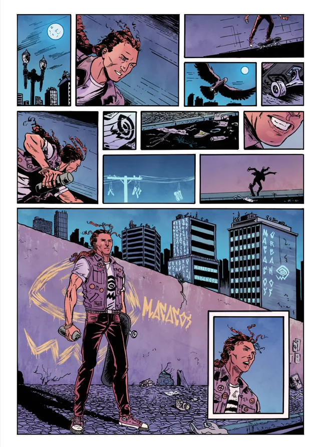 Personagem com skate observa cidade de São Paulo sem eletricidade em cenário pós-apocalíptico