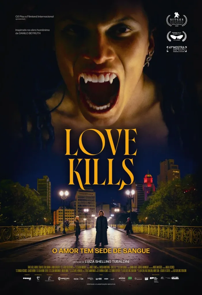 Pôster do filme brasileiro Love Kills com vampira em destaque e cidade de São Paulo ao fundo