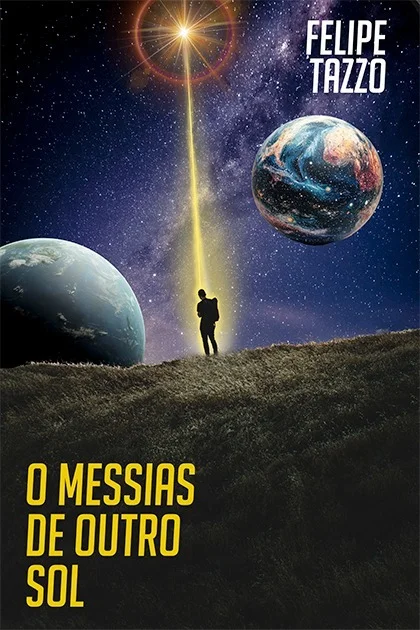 Ilustração com personagem diante de planetas representando exploração espacial e fé no conto O Messias de Outro Sol