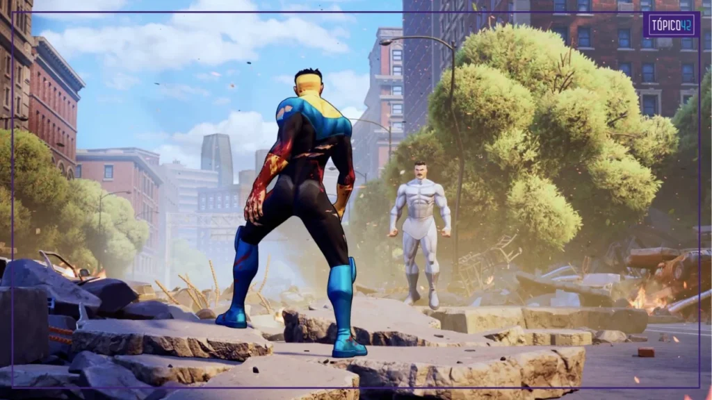 Omni-Man encara Invencível em rua destruída durante batalha em Invincible VS