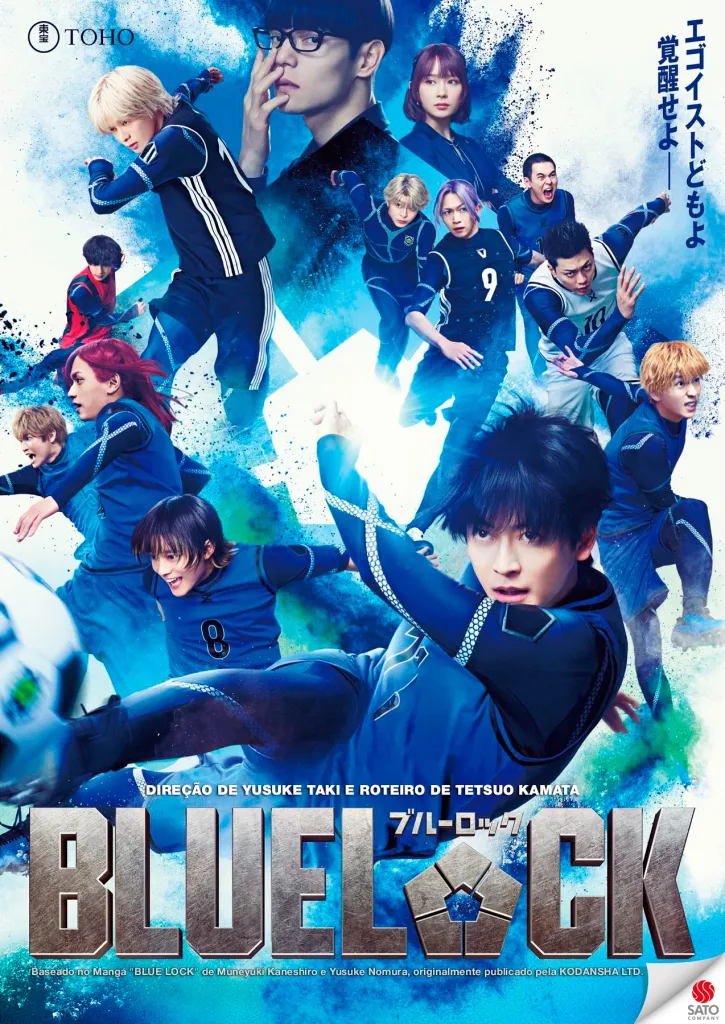 Pôster oficial do live-action de Blue Lock com Yoichi Isagi, Jinpachi Ego e outros personagens centrais da história.