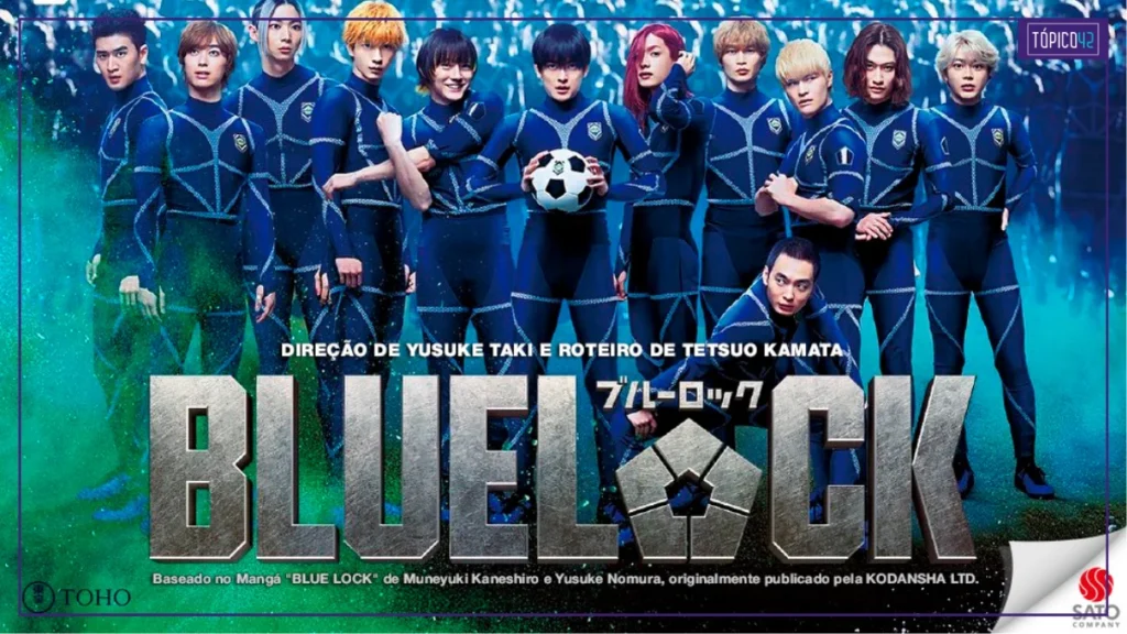 Pôster brasileiro do live-action de Blue Lock com os principais jogadores do projeto reunidos em uniforme azul.