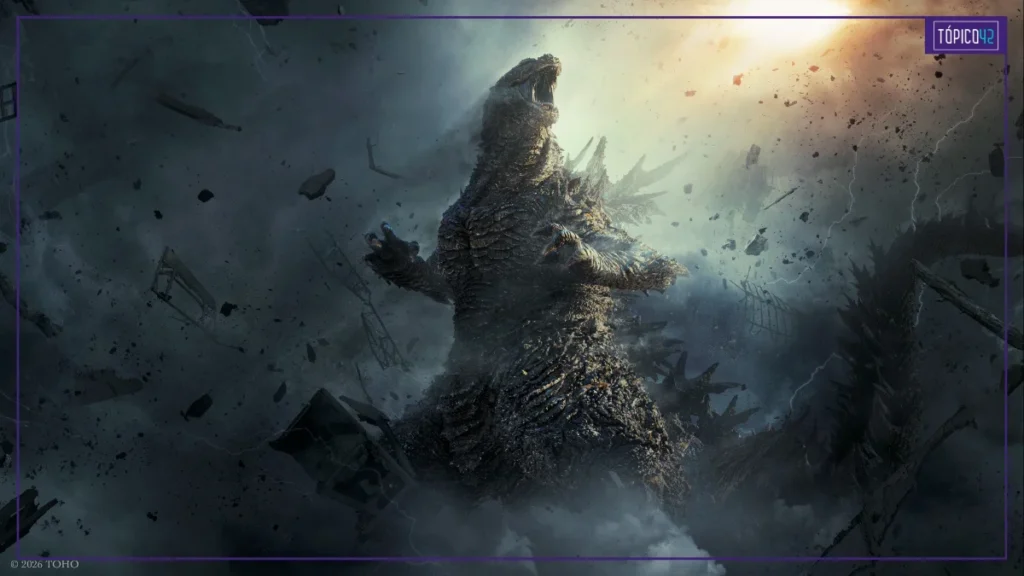 Godzilla ruge em meio à destruição no novo pôster de Godzilla Minus Zero, sequência japonesa que estreia nos cinemas em novembro de 2026.