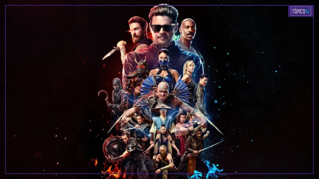 Pôster oficial de Mortal Kombat 2 reúne Johnny Cage, Kitana, Shao Kahn, Scorpion, Sub-Zero e outros lutadores do torneio.