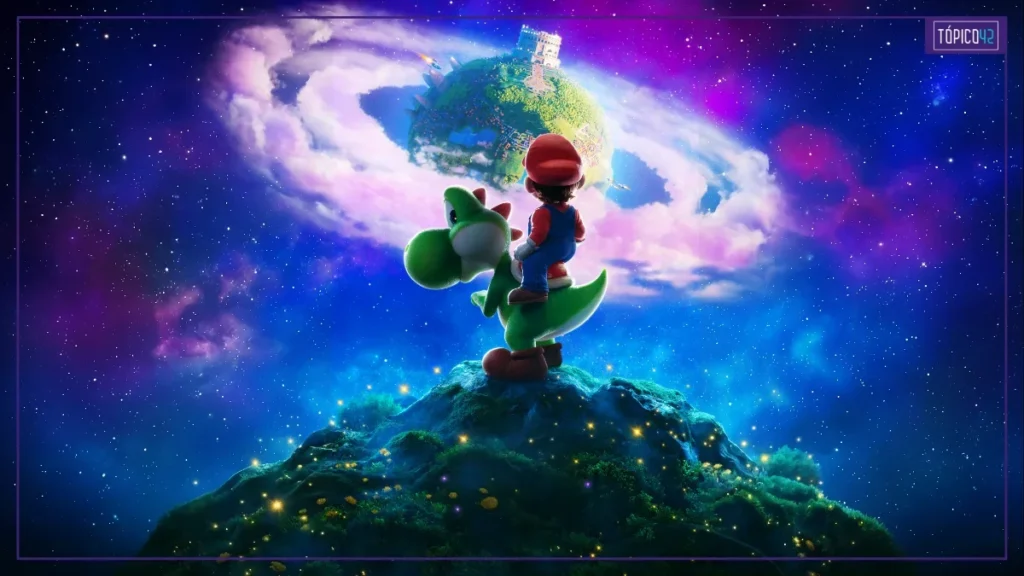 Mario observa uma galáxia ao lado de Yoshi no pôster de Super Mario Galaxy.