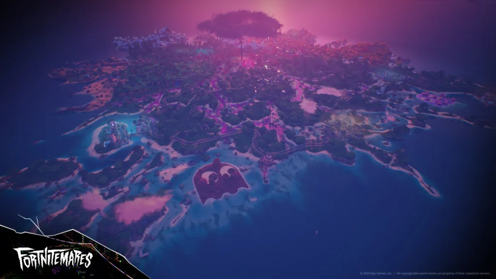 Conteúdos de terror do Fortnitemares, incluindo Halloween Horror Nights e A Hora do Pesadelo.